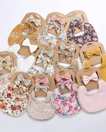 Linen Cotton Solid Print Baby Bib Headband Set
