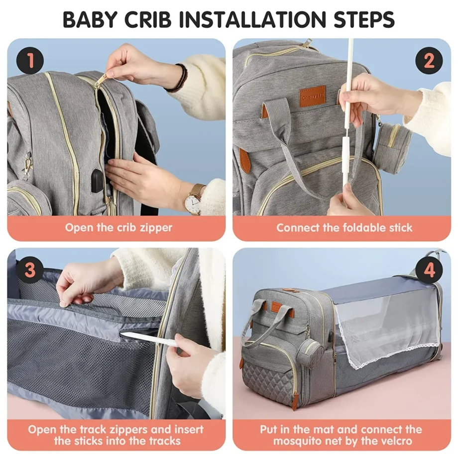 3 In 1 Diaper Bag Backpack Foldable Diaper Bag with USB Charge Changing Bed