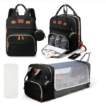 3 In 1 Diaper Bag Backpack Foldable Diaper Bag with USB Charge Changing Bed