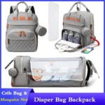3 In 1 Diaper Bag Backpack Foldable Diaper Bag with USB Charge Changing Bed